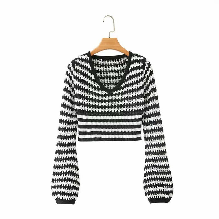 Thin Loose Lantern Sleeves Black And White Striped V-neck Short Soft Trendy Sweater