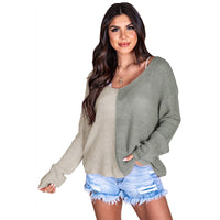 New Color Matching V-neck Pullover Sweater Knitted Long-sleeved Top