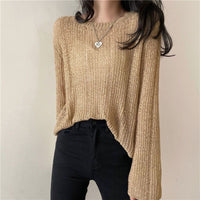 Women's Knitwear Autumn New Korean Style Ice Silk Hollow-out Knitted Blouse Outer Wear Thin Pullover Long Sleeve Sweater Fashion