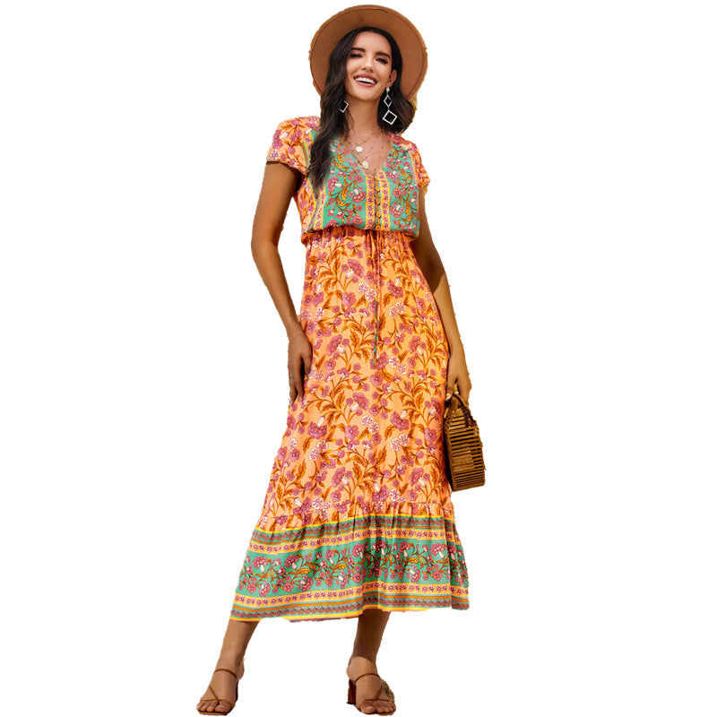 V-neck Rayon Printed Bohemian Dress