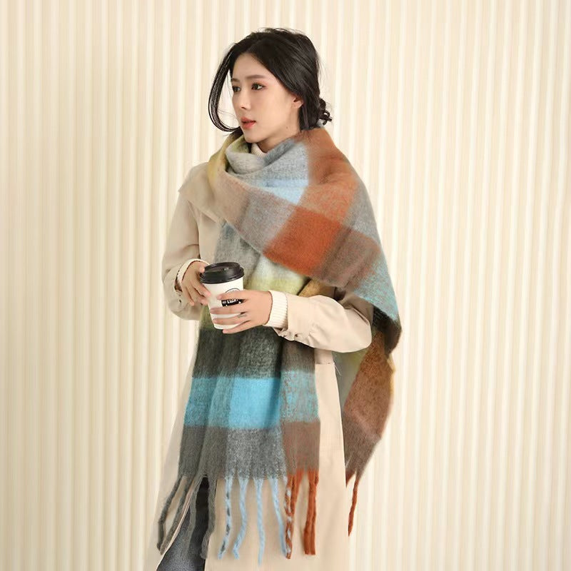 European And American Mohair Plush Warm Leisure Versatile Lattice Scarf