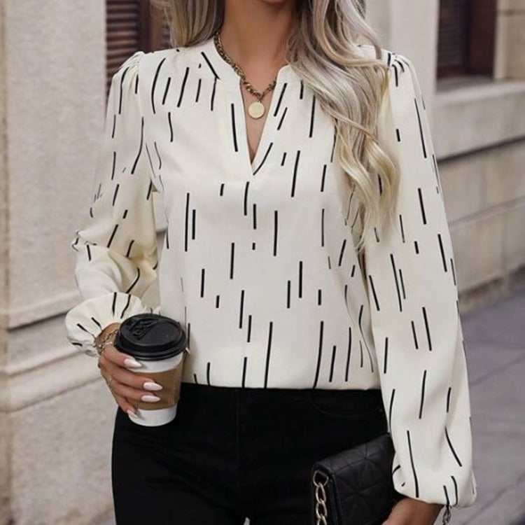 Women's V-neck Long-sleeved Slim-fit Printed Shirt