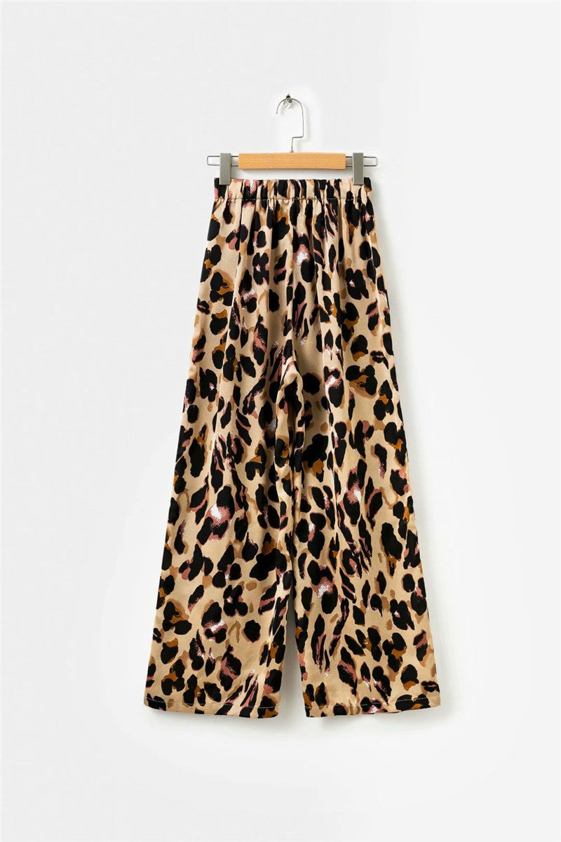 Loose leopard print wide-leg casual trousers