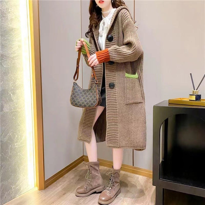 Autumn And Winter Thickening Sweater Loose Contrast Color Hooded Thick Thread Knitted Cardigan Jacket