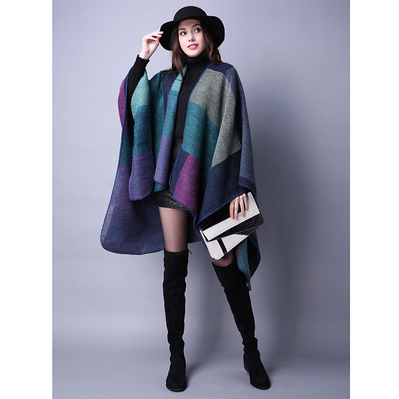 Autumn And Winter Scarf Wild Plaid Ladies Travel Shawlimitation Cashmere Ethnic Wind Split Thick Cloak