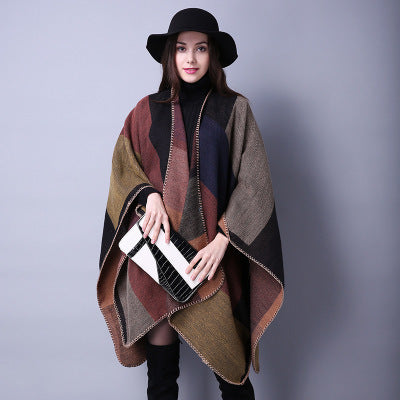 Autumn And Winter Scarf Wild Plaid Ladies Travel Shawlimitation Cashmere Ethnic Wind Split Thick Cloak