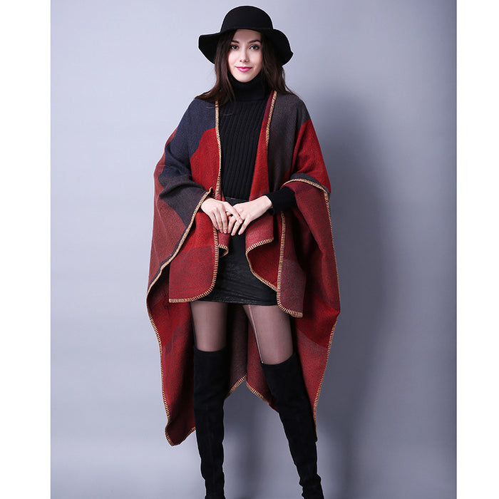 Autumn And Winter Scarf Wild Plaid Ladies Travel Shawlimitation Cashmere Ethnic Wind Split Thick Cloak