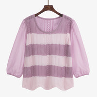 Round Neck Sweet Stitching Long Sleeve Loose Striped Sweater