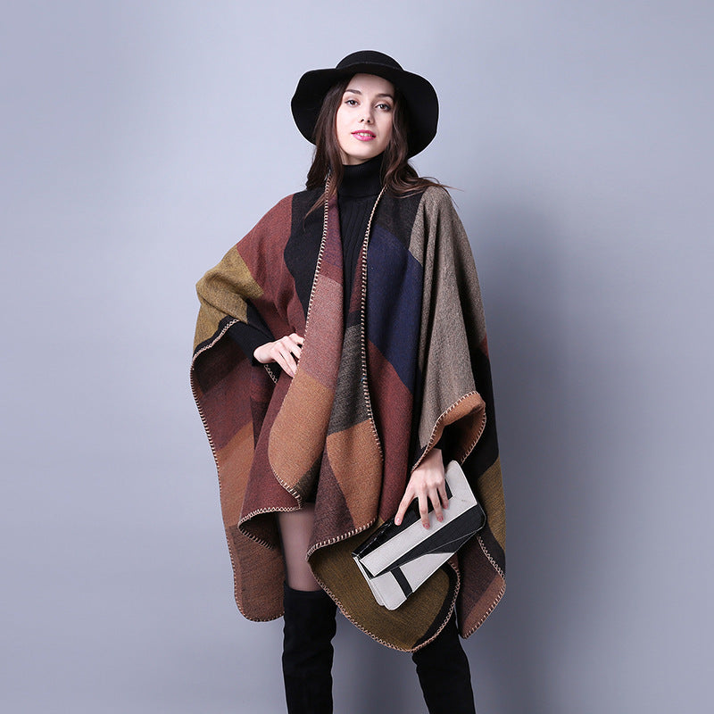 Autumn And Winter Scarf Wild Plaid Ladies Travel Shawlimitation Cashmere Ethnic Wind Split Thick Cloak