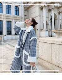 Women's Plus Cotton Padded Lamb Hair Stitching Plaid Woolen Coat