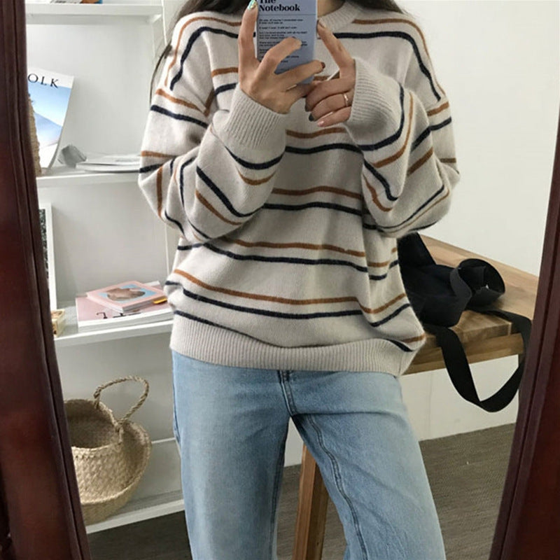 Women's Round Collar Sweater Women's Striped Sweater Loose And Idle