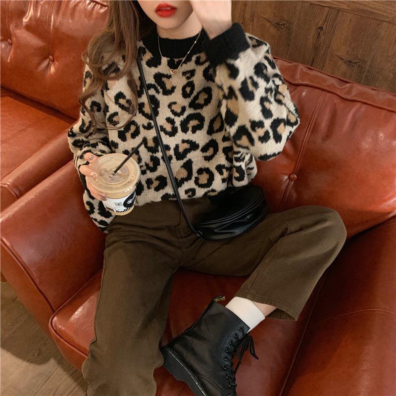 Leopard Print Women Loose Thick Base Sweater Pullover Casual Jacket