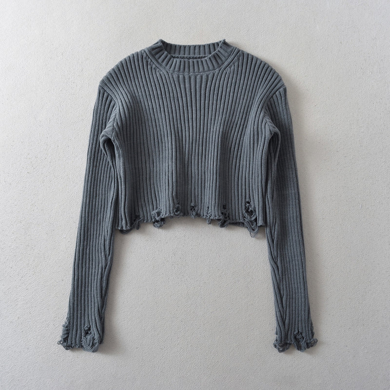 Frayed Round Neck Pullover High Waist Short Thickened Sweater