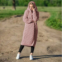 Solid Color Women's Long Knit Sweater Hooded Cardigan Jacket