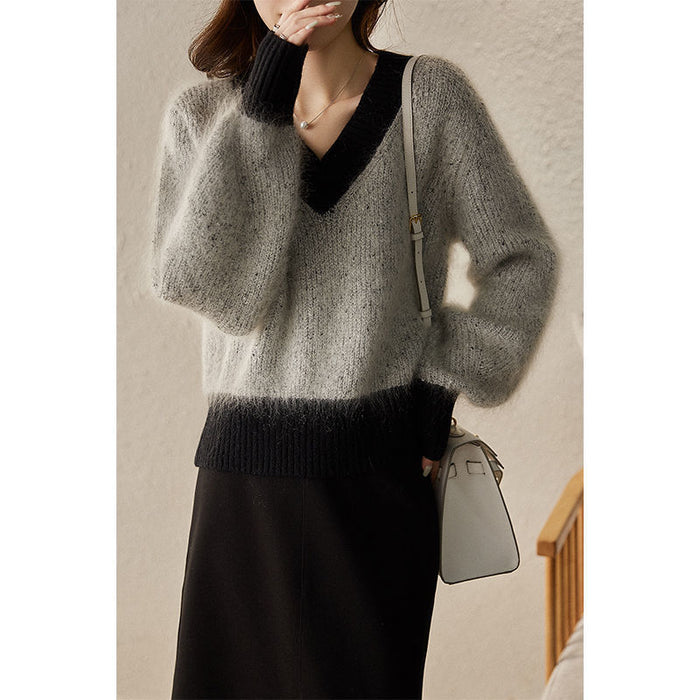 Western Style V-neck Fluffy Sweater Fashion And Elegance