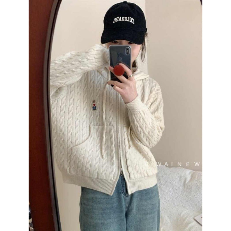 Hooded Double Zipper Cable-knit Sweater Coat For Women