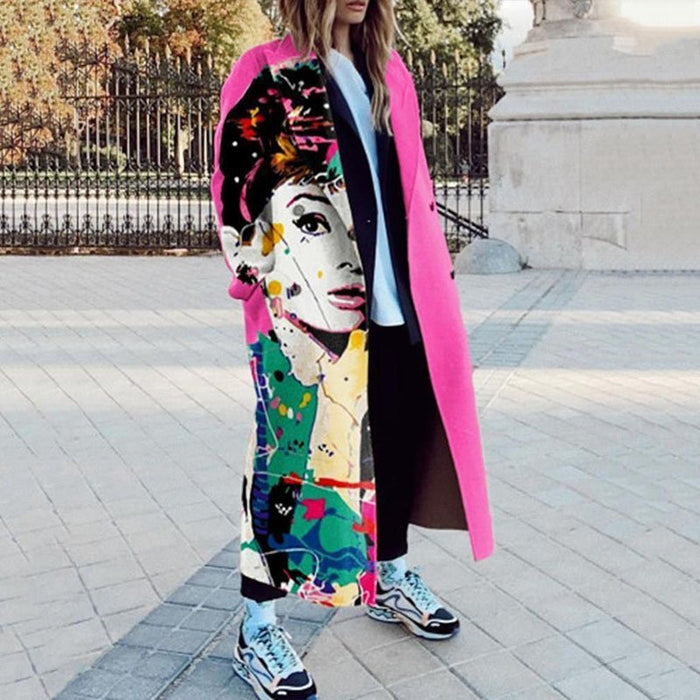 Fashion Printing Stitching Long Dragon And Phoenix Coat Women