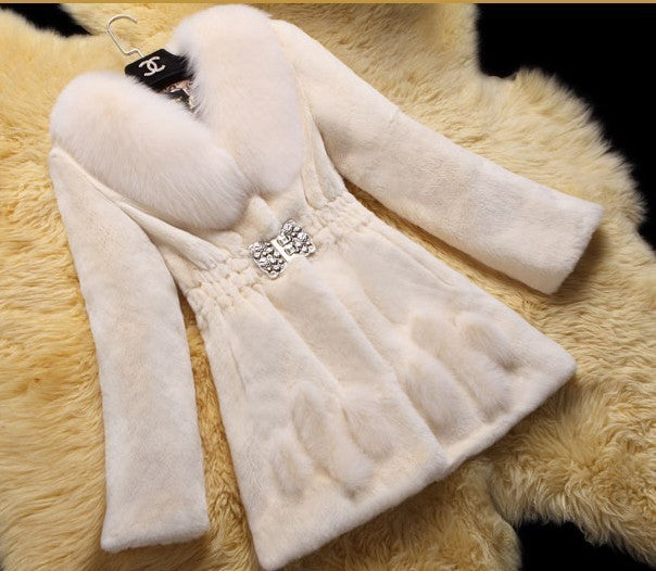 New Rex Rabbit Fleece Haining Fur Coat Mid-length Lady Fox Fur Collar Slim Fit