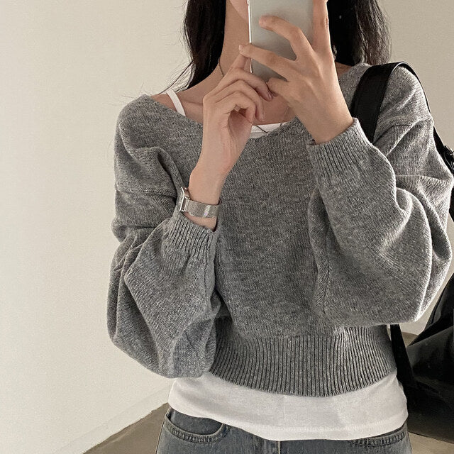 Fall V-neck Long-sleeve Knitwear Female Loose Cropped Sweater