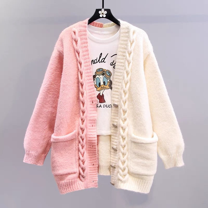 Color Contrast Patchwork Single-breasted Sweater Coat