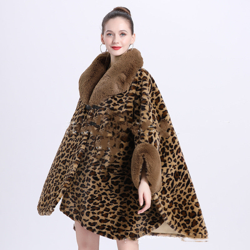 Leopard Print Big Hair Leader Mouth Cardigan Cape Women