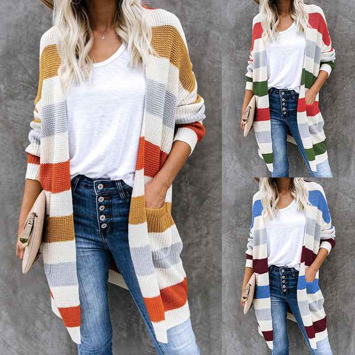 New Autumn And Winter Long Color-blocking Pocket Knitted Cardigan