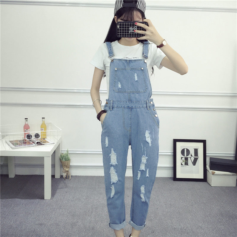 Spring And Autumn Casual Cool Ripped Denim Brace Trousers