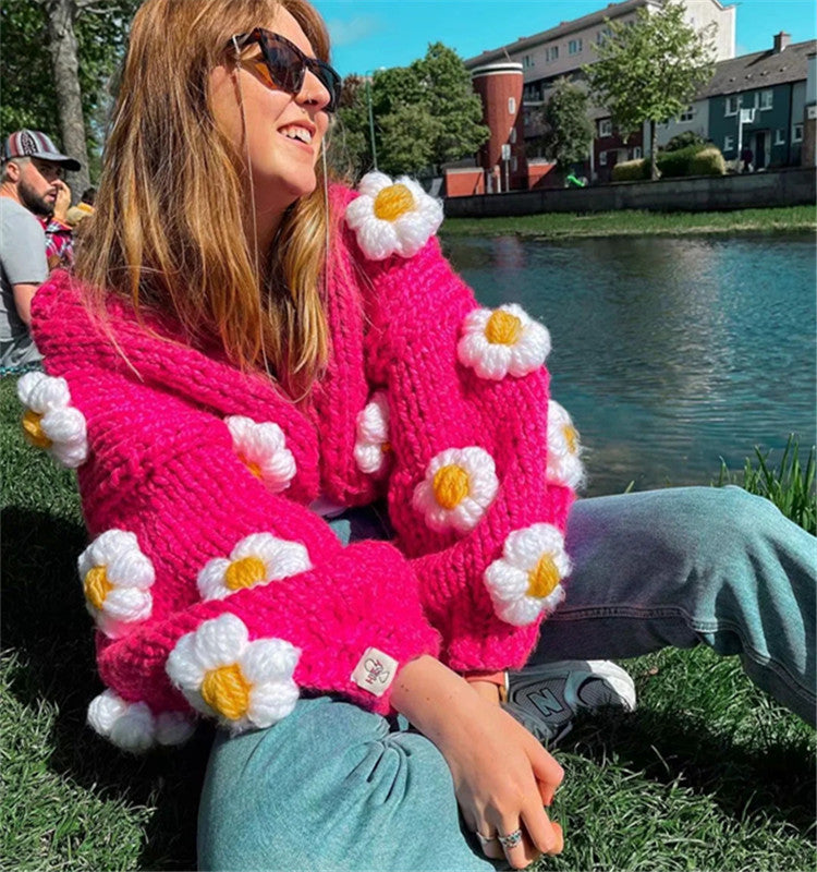 Pure Handmade Cardigan Slim Crochet Puff Three-dimensional Large Flower Sweater Women's Knitted Sweater