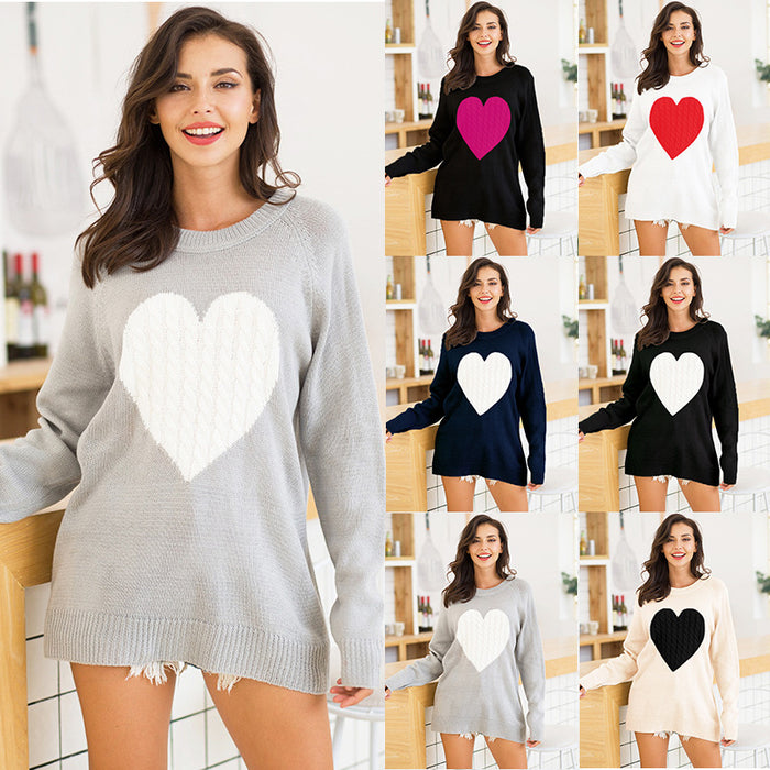 Women Knit New Round Neck Pullover Peach Heart Sweater