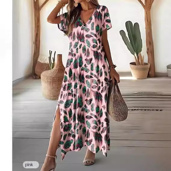 Summer Digital Printing Split V-neck Street Style Short Sleeve Dress