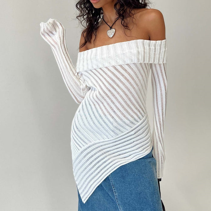 French Style Off-the-shoulder Long Sleeve Design Knitted Woolen Slim Top For Women