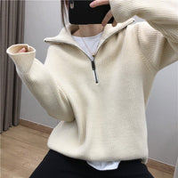 Elegant Large Lapel Zipper Pullover Sweater For Women