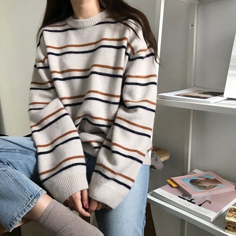 Women's Round Collar Sweater Women's Striped Sweater Loose And Idle