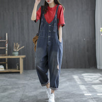 Loose-looking Thin Summer Jeans With Ripped Suspenders