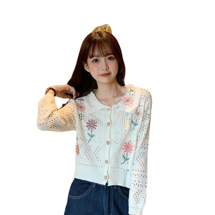 Thorn Hollow Embroidered Flower Lapel Single Breasted Long Sleeve