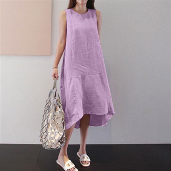 Round Neck Dress Sleeveless Plus Size Loose Solid Color Long Large Hem Vest Cotton Linen Dress