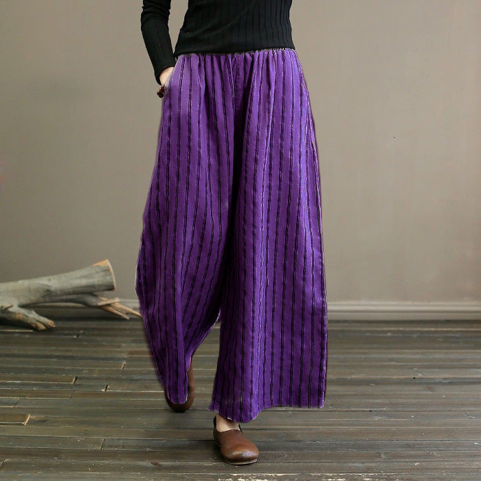 Slimming Draping Casual Retro Cotton And Linen Stripes Wide Leg Pants For Women