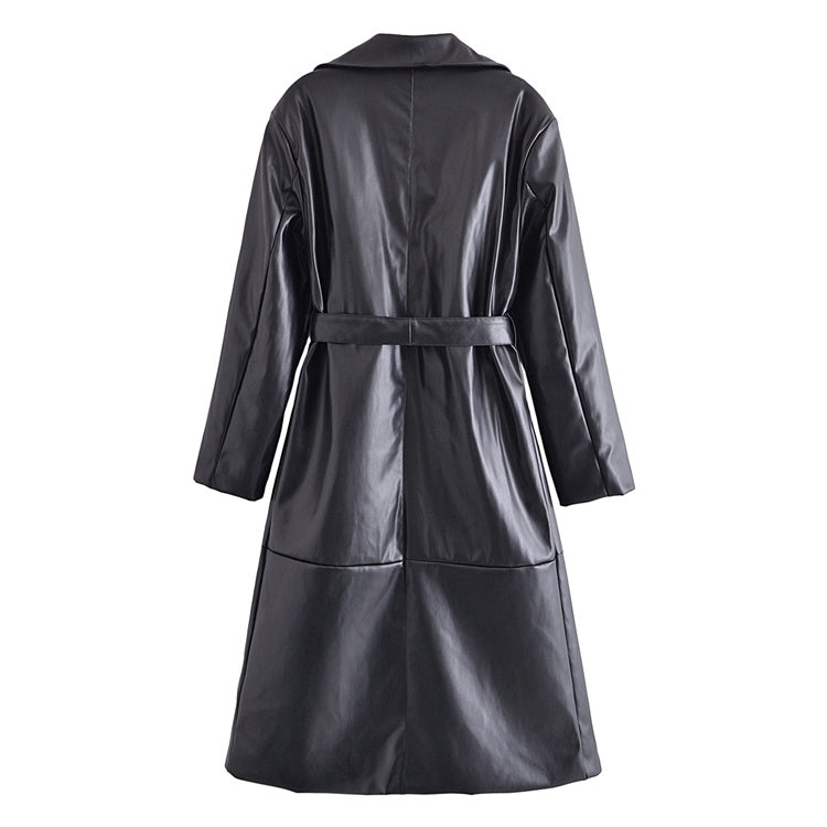 Stylish Belted Faux Leather Trench Coat