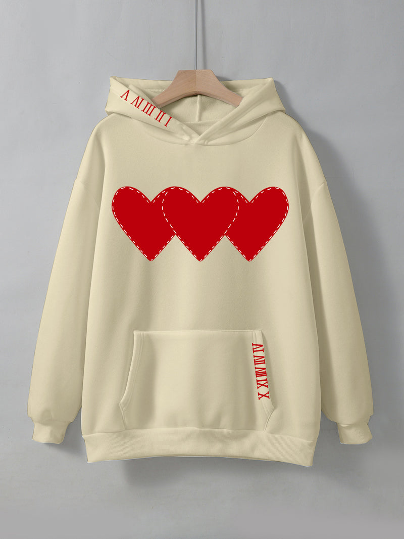 Women's Brushed Hoody Heart Shape Printed Drawstring Hoodie