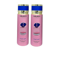 Two pink perfume bottles with blue caps labeled 'Galaxy Concept' on a white background.