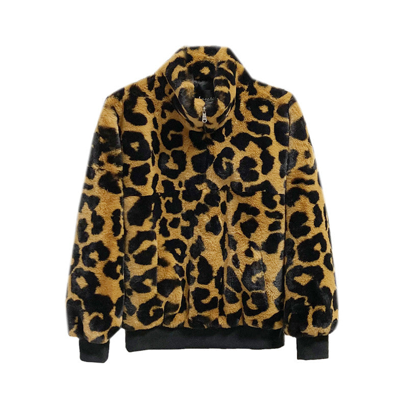 Winter Artificial Green Fur Women's Stitching Leopard Print Short Sweater