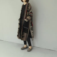 Large Slit Pockets Stitching Tassels Plus Long Woolen Coat