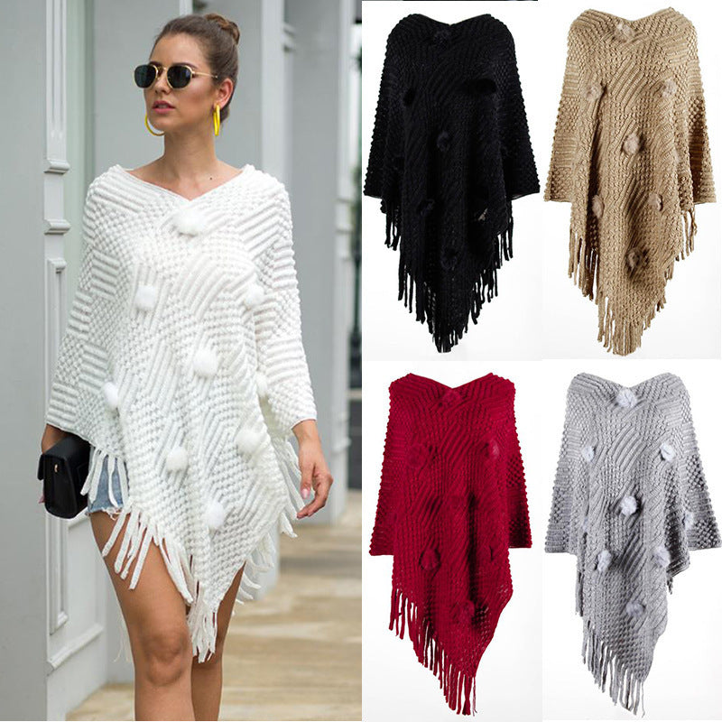 Fringed Cloak Shawl Hair Ball Solid Color Sweater