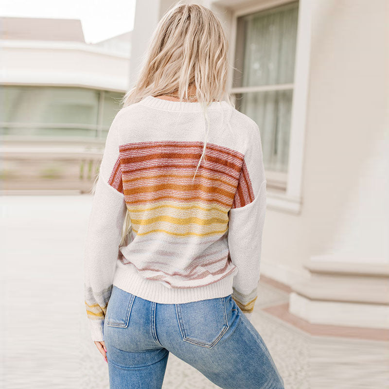 Early Autumn Pullover Leisure Simple Mixed Color Stripe Printed Sweater