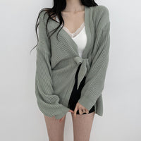 Pit Stripe Knitted Cardigan With Waist Strap Thickened Sweater