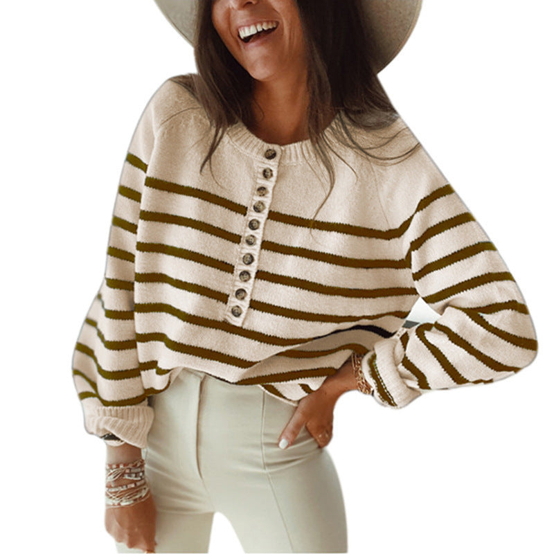 Women's Striped Pullover Top Fashion Button Cardigan