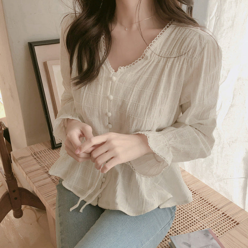 Loose And Sweet Solid Color Long-sleeved Waist Top