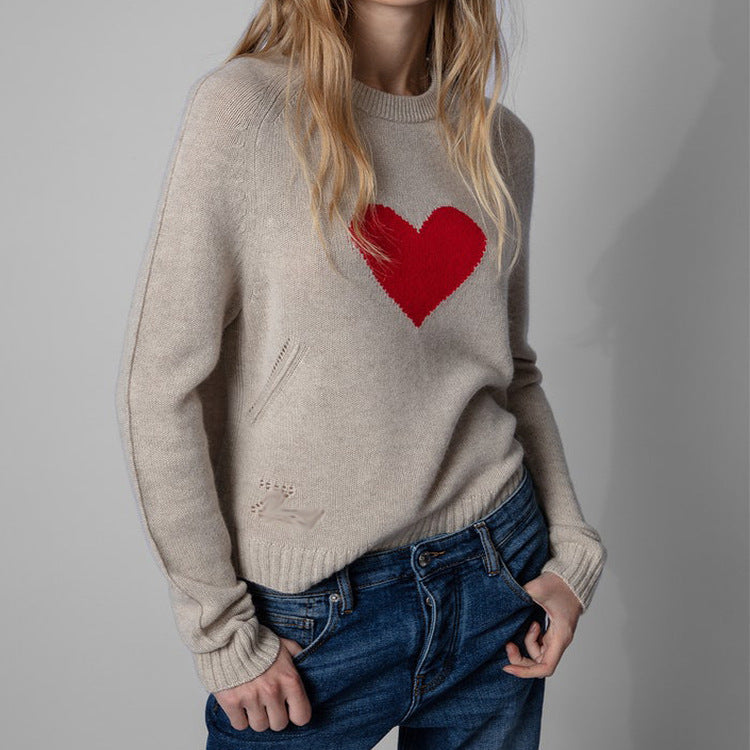 French Style Round Neck And Heart Pattern Long Sleeves