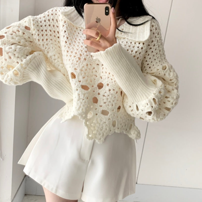 Loose Design Sense Niche Lantern Sleeve Crocheted Hollow Sweater Women's Outer Wear