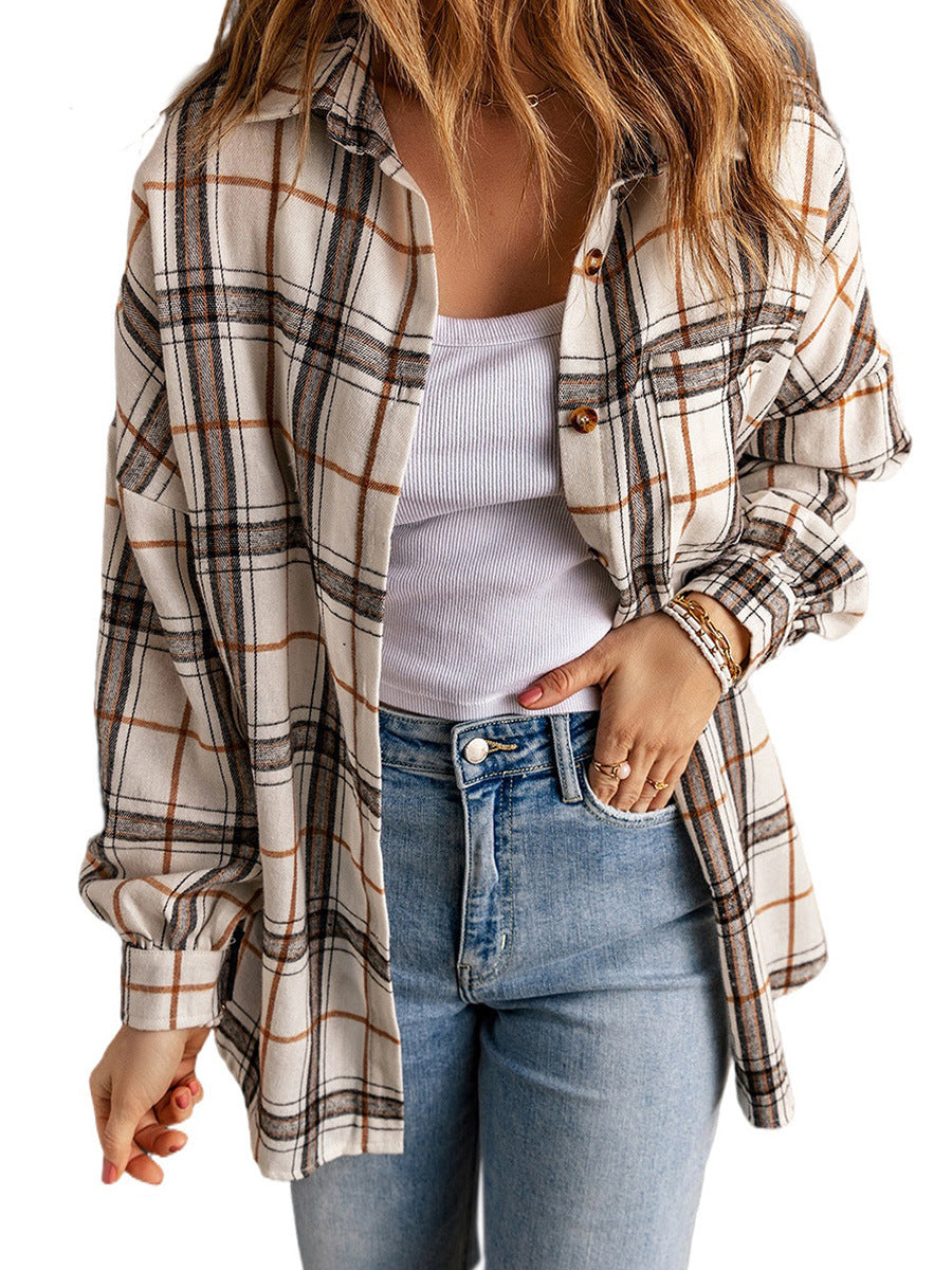 Plaid Long-sleeved Shirt Women's European And American Thigh-length Loose Cardigan All-matching Shirt